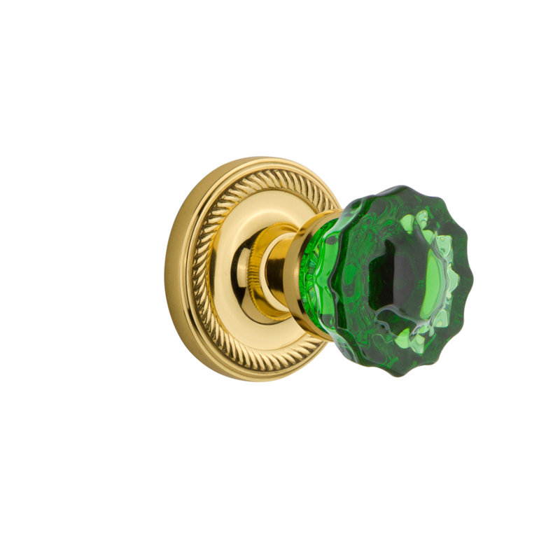 Rosette en corde avec bouton de porte en cristal émeraude, Laiton non laqué, 2 3/8
