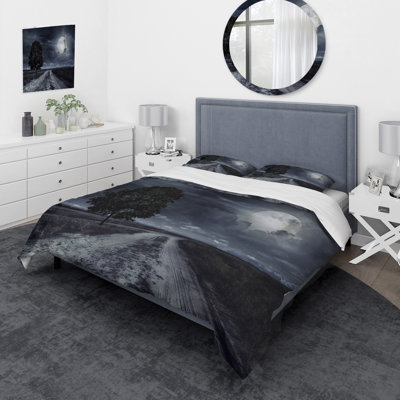Paved Road Under A Full Moon - Nautical & Coastal Duvet Cover Set - Microfiber Polyester