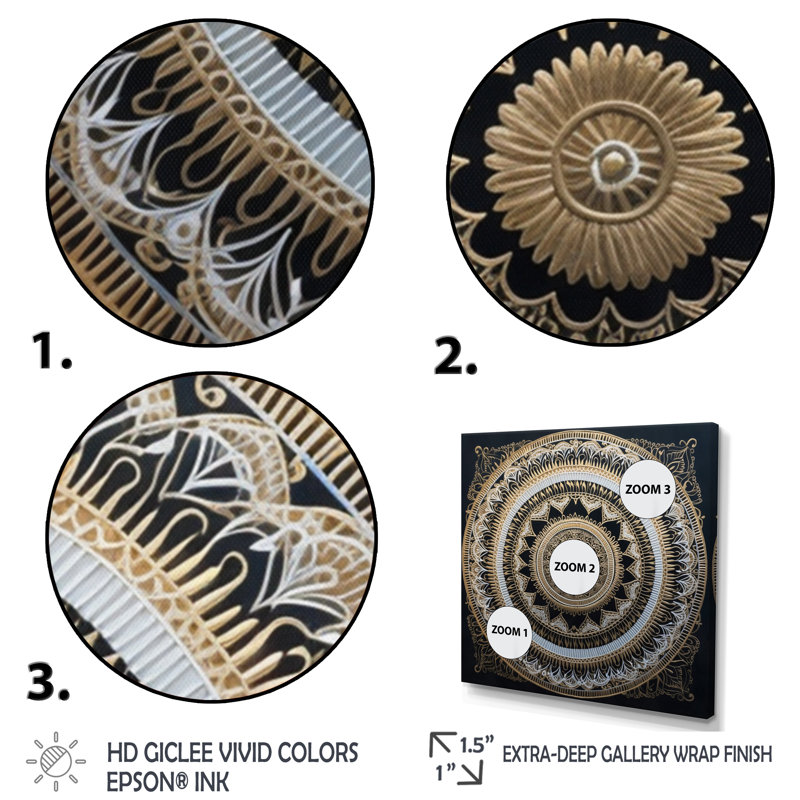 Mandala blanc et or I sur toile, H 16 po x l 16 po x P 1 po, Toile tendue