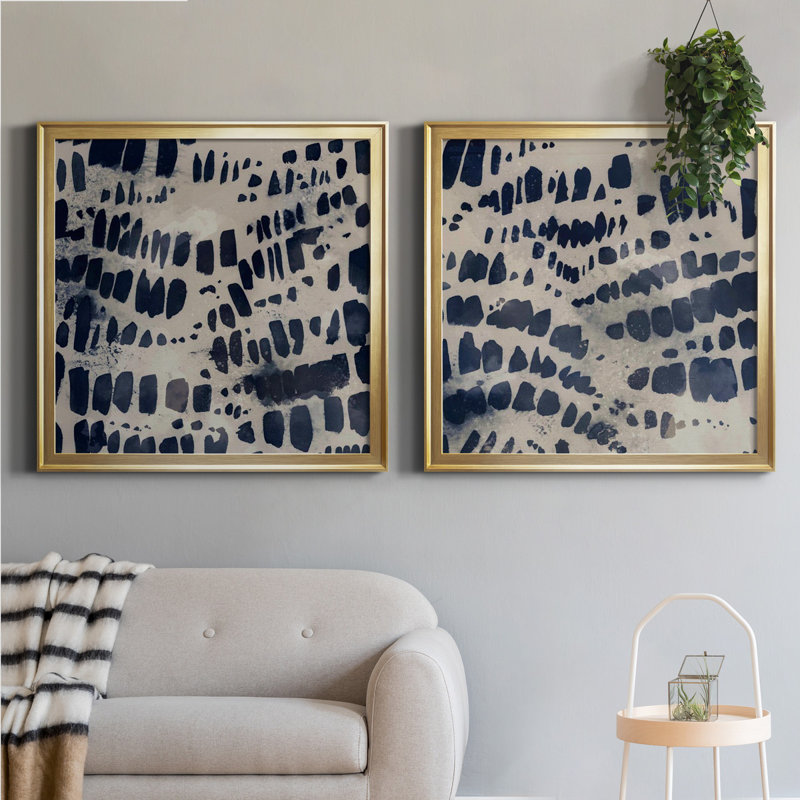 " Indigo Markings I " 2 - Pieces, Picture Framed Canvas, 34.5" H x 69" W, Gold