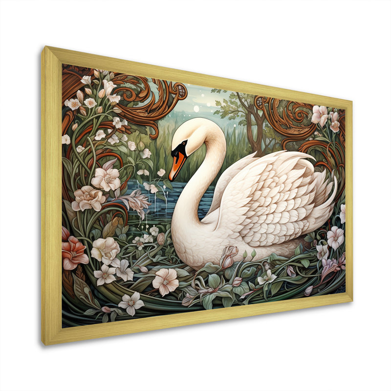 Cygnes majestueux, horizon sur toile, H 30 po x l 40 po x P 1,5 po, Encadrement doré