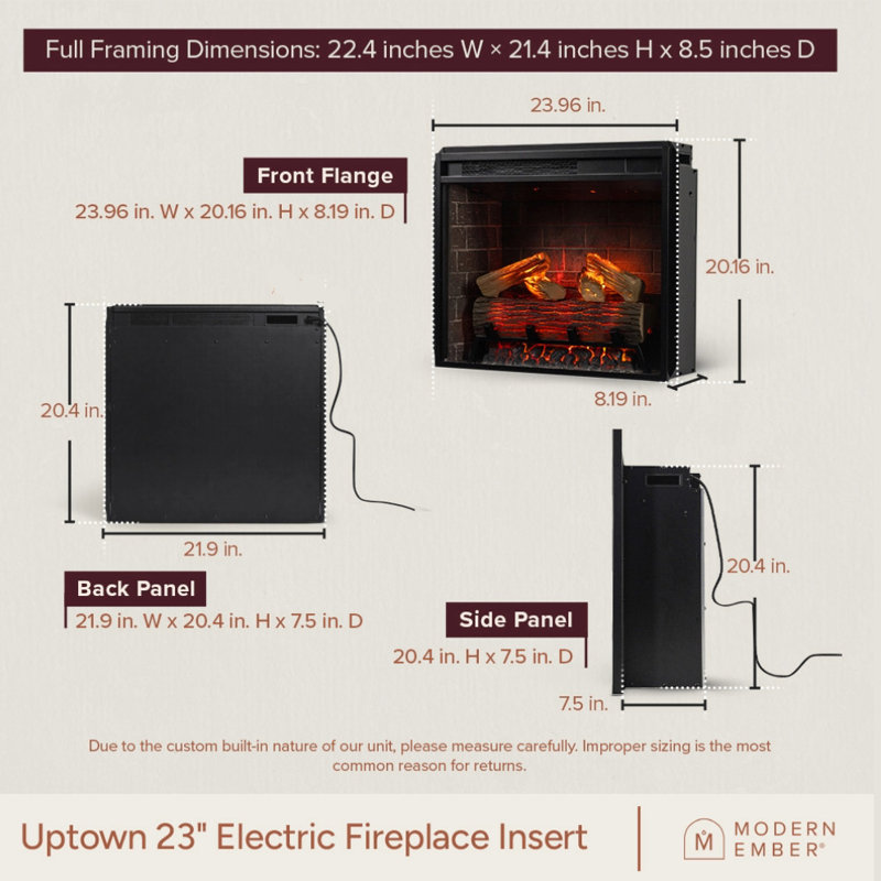 Uptown Infrared Electric Fireplace Insert Heater, Compatible with Alexa & Google Home, 20.16" H x 23.96" W x 8.19" D
