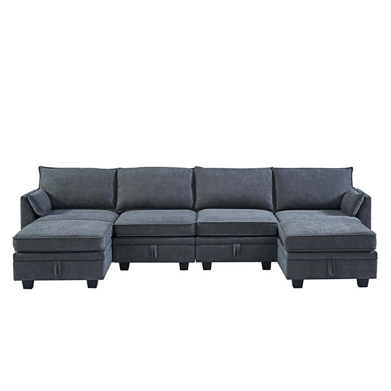 Large canapé et méridienne réversible avec repose-pieds, Lin gris foncé