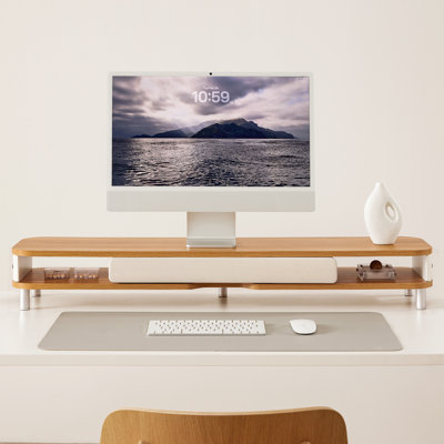 Dual Monitor Stand with Large Storage Drawer, 42.5" Dsek Shelf, Oak