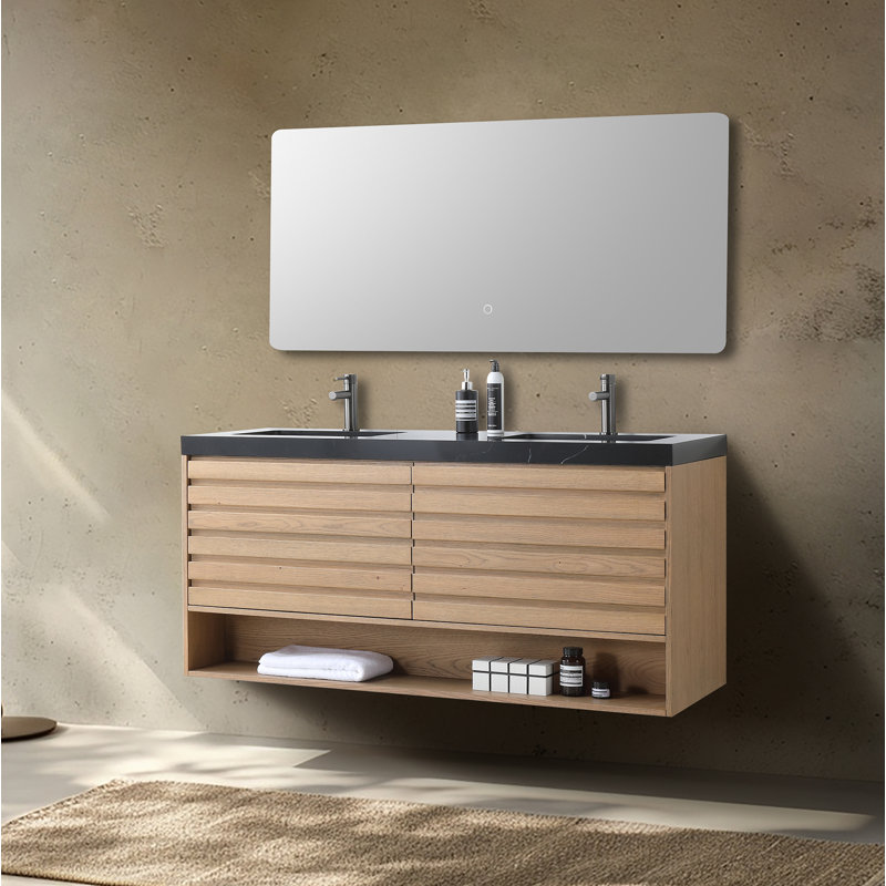 Matera 60" W Double Vanity, Pecan Oak, Black
