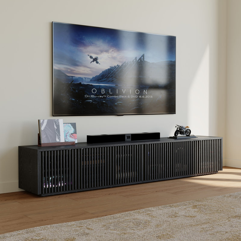 Hiramani Mid-Century Modern TV Stand, Fully Assembly, 16.54" H x 94.5" W x 15.75" D, Black