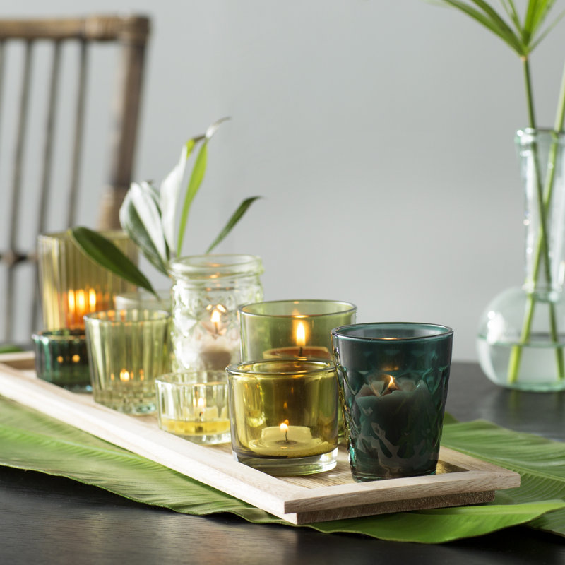 Round Glass Votive Holders on Wood Tray, Green