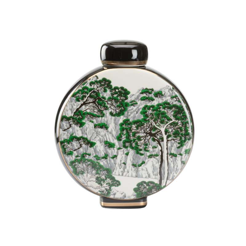 Vase de table en porcelaine fait à la main Matsu, Noir / vert / or, H 9,5 po x l 8 po x P 3,5 po