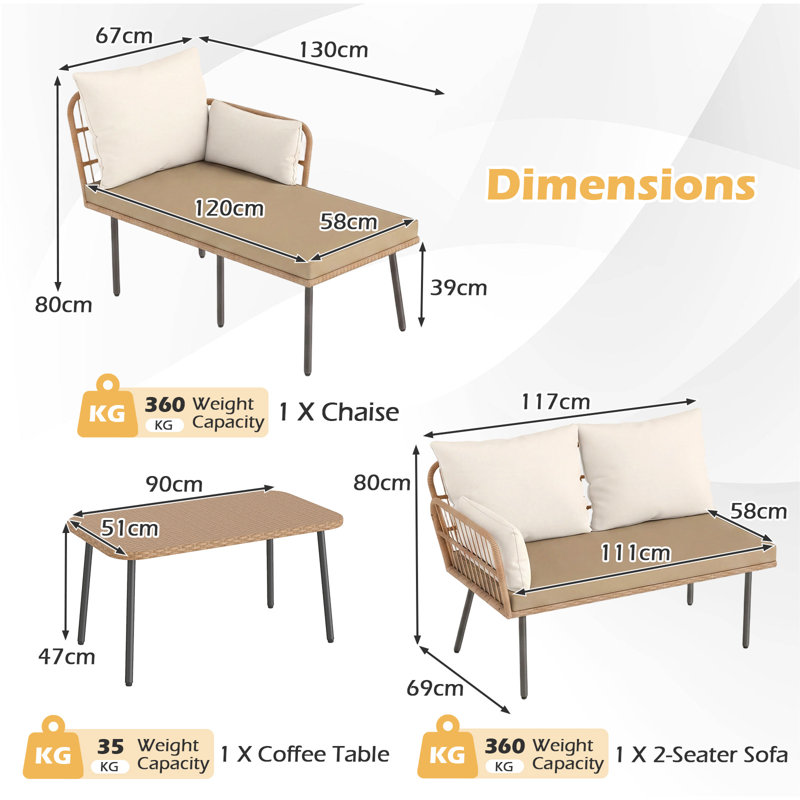 3 Pieces L-Shaped Patio Furniture Set Outdoor Sectional Cushioned Sofa, Tan/Beige