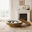 Table basse en placage de bois massif avec rangement caché, table d'appoint ovale brun chaud pour le salon, style cannelé moderne-129847131-129847133