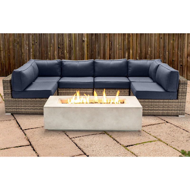 Lsi Fully Assembled 7 Pieces Sectional Seating Group With Firepit And Sunbrella Cushions, Sunbrella Navy Blue