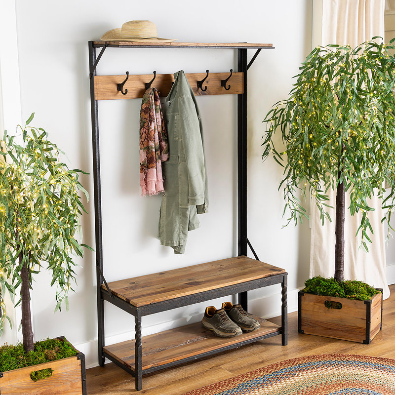 Portemanteau en bois de pin recyclé avec rangement pour chaussures