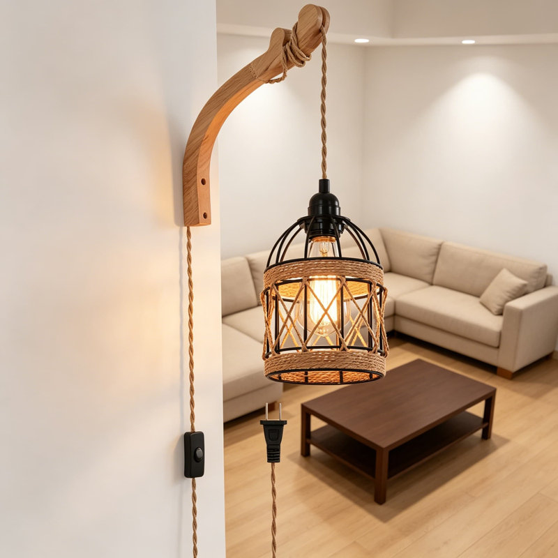 Applique murale de style campagnard avec abat-jour en rotin tissé à la main, applique murale en osier rustique Boho, cordon de corde de chanvre avec interrupteur marche / arrêt, éclairage mural de base E26 pour le couloir de la chambre à coucher du salon
