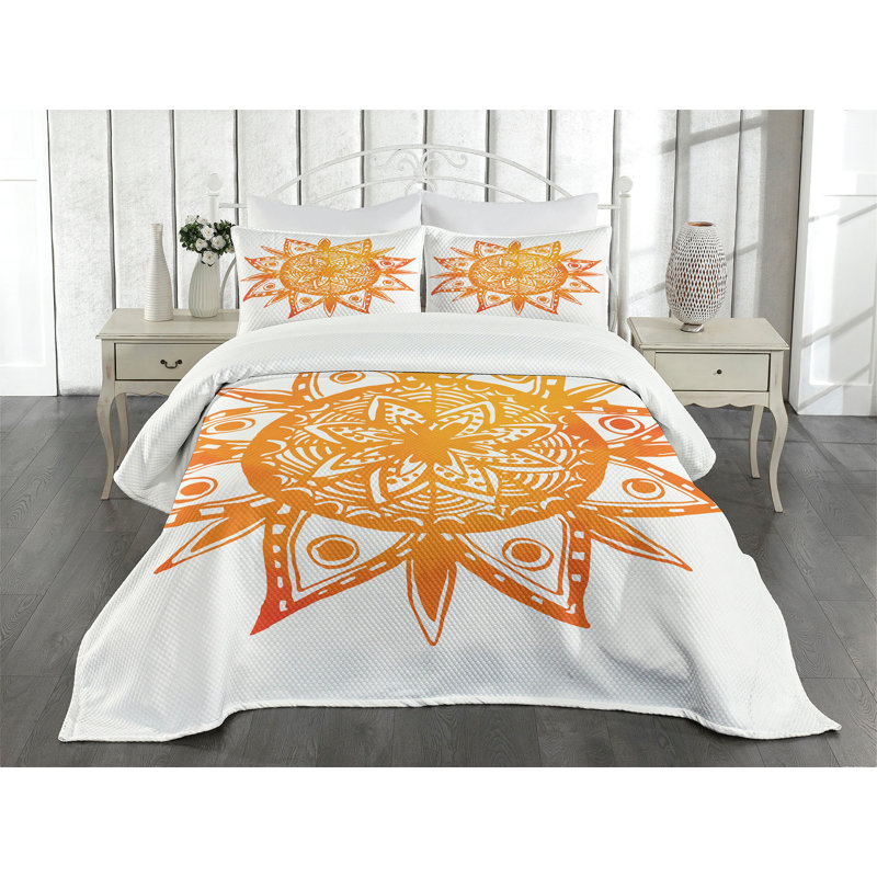 Twin White and Orange Quilted Bedspread Set with Sun Design
