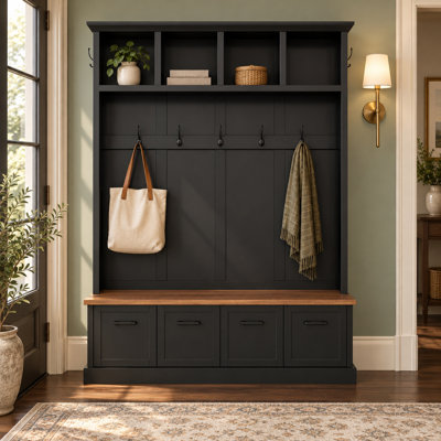Farmhouse Hall Tree with Storage Bench, 7 Metal Hooks, Display Shelves, and 4 Drop-Door Cabinets, Wood Entryway Organizer for Mudroom and Hallway, Black