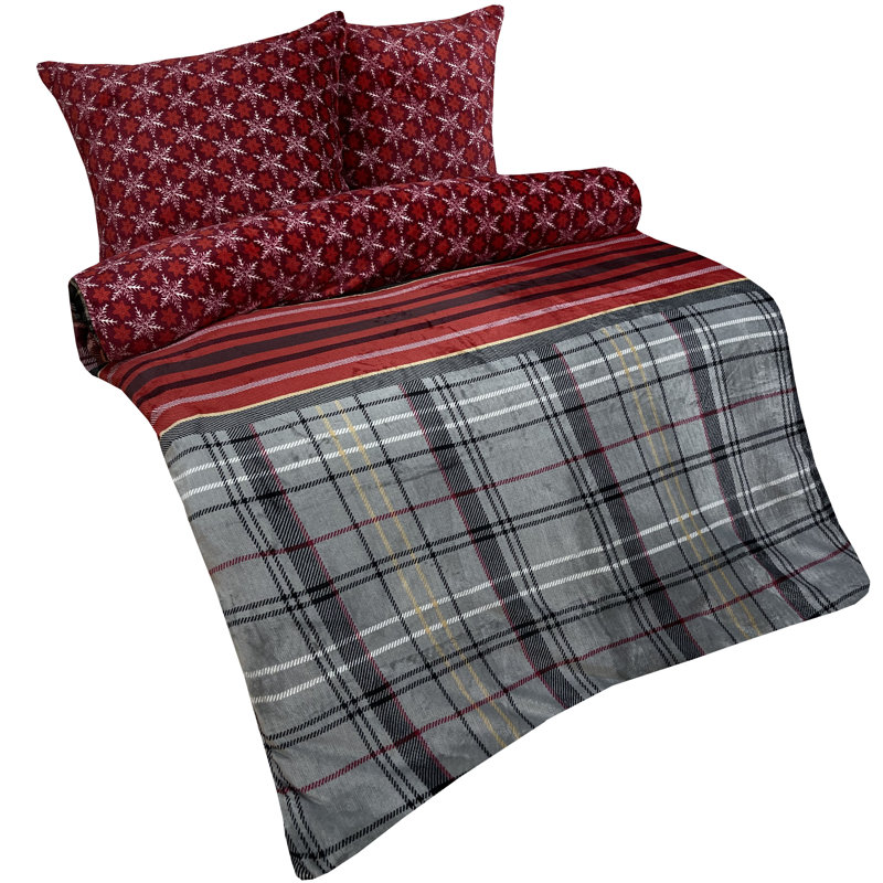 Mari Reversible Bed Linen Winter Teddy Plush Red/Grey, 155 x 200 cm + 80 x 80 cm