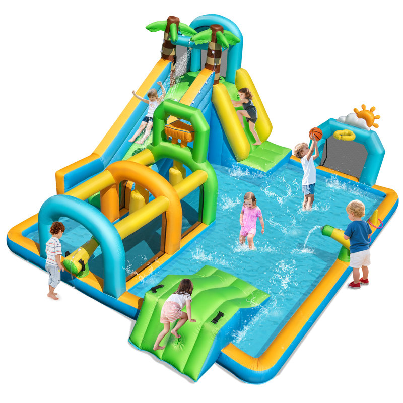 Parc aquatique gonflable avec mur d'escalade et cible de basketball sans ventilateur
