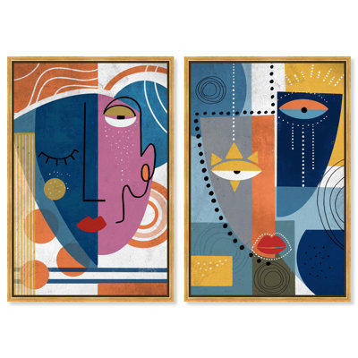 Abstract Mask Series Canvas Print Modern Livingroom Art Set by Art Remedy, Gold Frame, 30 x 45