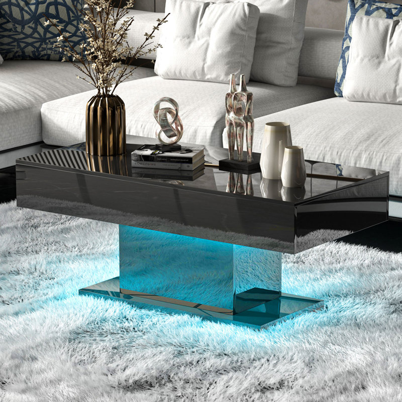 Table basse noire moderne ultrabrillante avec lumières DEL réglables