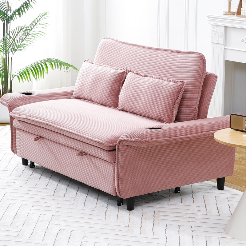 Lit rose de 66,98 pouces avec tissu rayé à lettre, accoudoirs réglables et pour la détente, lit escamotable temporaire pour la nuit, lit multifonctionnel à 2 places, visionnage de films, placement de main courante