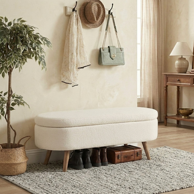 Banc de rangement avec repose-pieds 42 po ivoire pour le salon, l'entrée de la chambre à coucher, Beige
