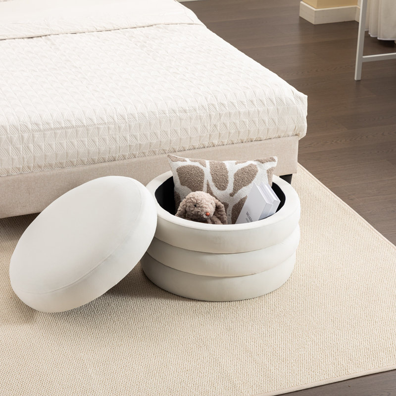 Round Upholstered Velvet Ottoman, Ivory