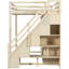 Lit mezzanine pleine grandeur de couleur beige, avec escalier latéral, tablettes ouvertes et coiffeuse de couleur beige, avec rangement intégré, rangement