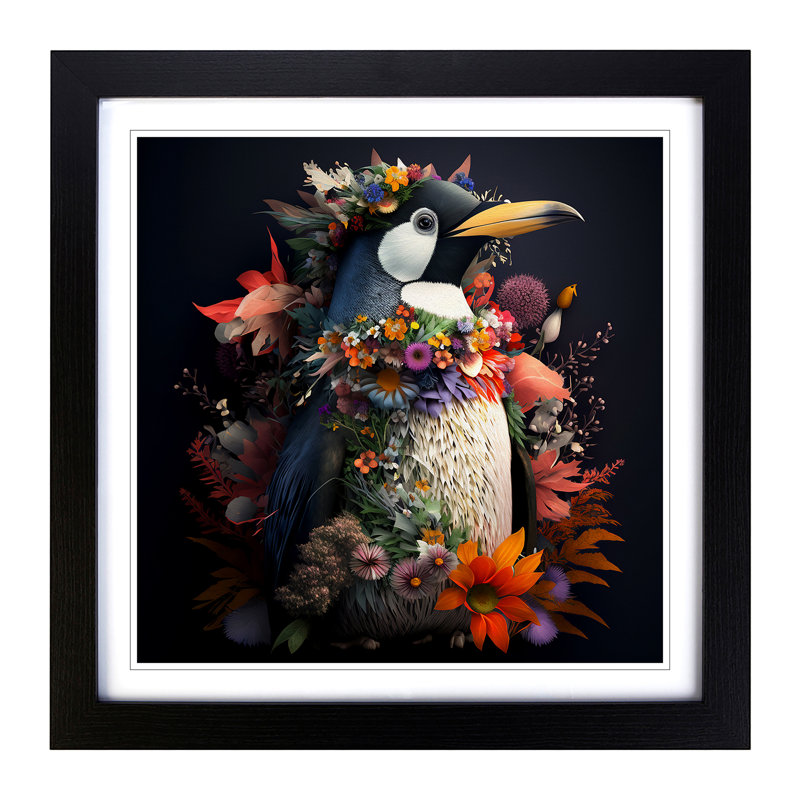 Penguin Floral Art - Framed Print, Black