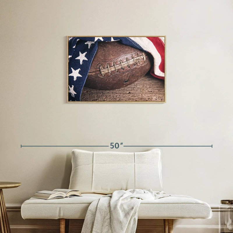 American Flag Football, 31" X 21", Floating Frame Natural Wood