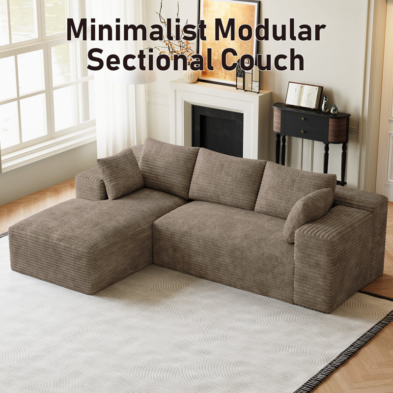 Freely Movable Modular Boneless Sectional Sofa Corduroy Couch For Living Room, Brown Corduroy, Left Hand Facing