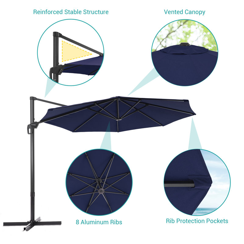 Parasol en porte-à-faux avec manivelle 132 po Fontagne, Bleu marine