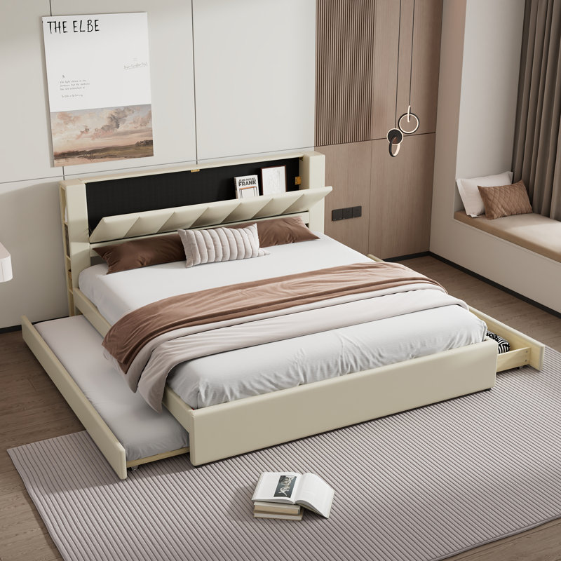 Lit plateforme capitonné très grand avec rangement, tête de lit pliante, 2 tiroirs et lit gigogne double / double, Beige