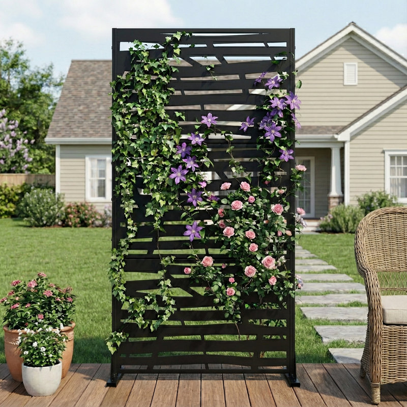 Privacy Screen Metal Fence Panel, Black, 183 cm H x 120 cm W x 40 cm D