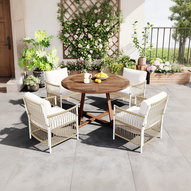 Shiloh Patio 5-Piece Extendable Acacia Wood & PE Wicker Dining Set with Cushions