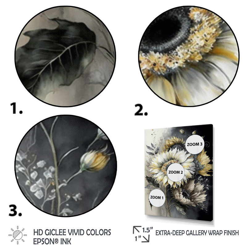 Tournesol blanc - art mural grand tournesol, H 40 po x l 30 po x P 1,5 po, Toile tendue