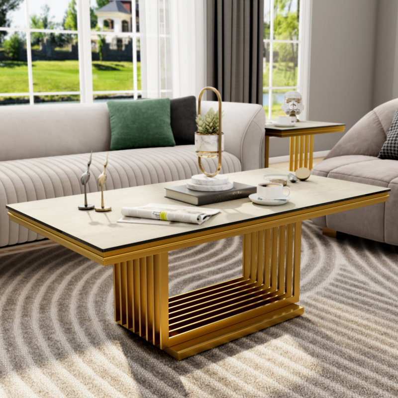 Table basse rectangulaire en verre argenté pour le salon, Plateau beige / base dorée