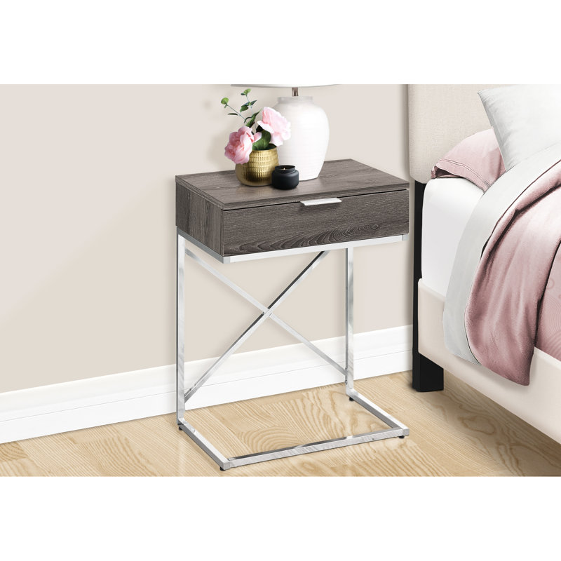 Élégante table de bout avec stratifié taupe foncé et un grand tiroir aux accents rectangulaires argentés polyvalents