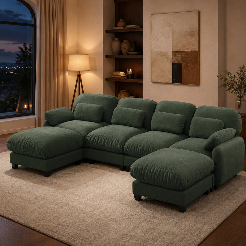 Canapé modulaire en U en chenille 6 pièces 4 pièces avec 2 repose-pieds, coussins et coussins lombaires Sarvis, Vert