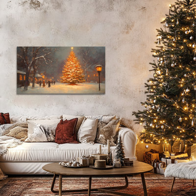  Art mural de Noël sur toile, impressions de toile scène de vacances village enneigé, décoration murale de photos d'arbre de Noël, affiche suspendue en hiver pour salon, fête, décoration familiale, 32 x 16 pouces