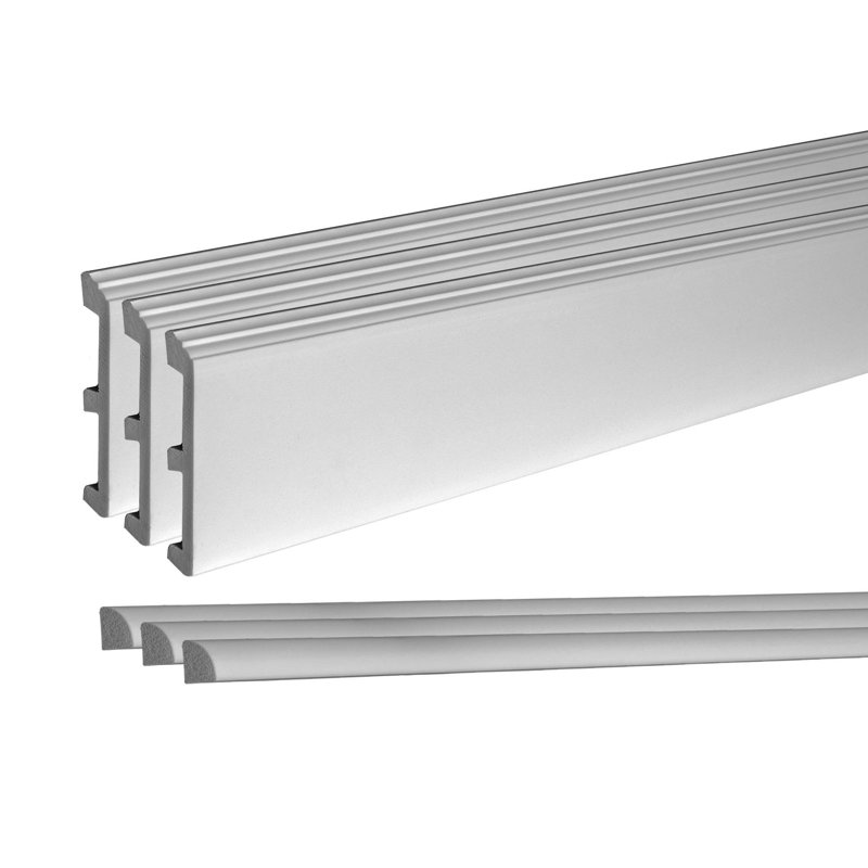 Ensemble complet de moulures de plancher, plinthe de 4 3/4 po de hauteur x 3/4 po, H 3/4 de rond x 3/4 po, les deux longues de 8 pi