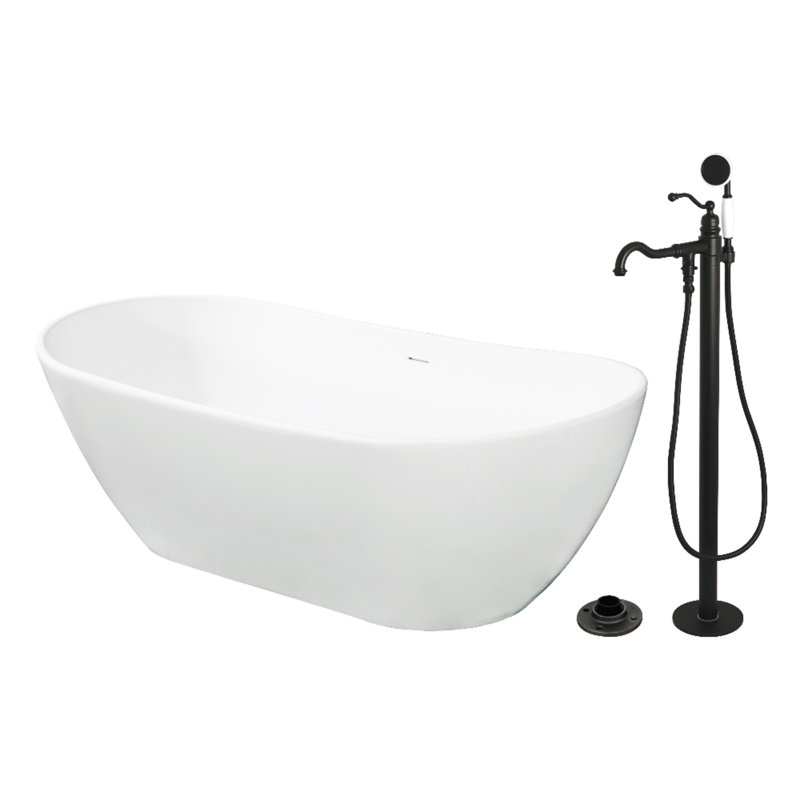 Kingston Brass Arcticstone 72-Inch Solid Surface Oval Double Ended Freestanding Tub With Faucet Combo And Drain, Matte Black