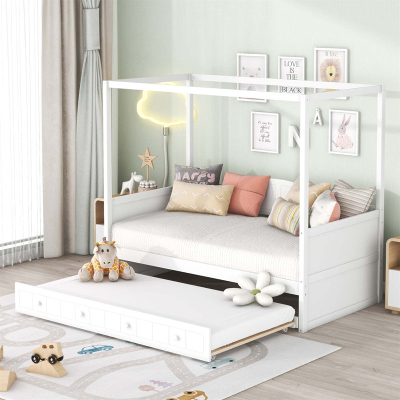 Lit de jour à baldaquin simple avec lit gigogne, structure en bois, design épuré et rangement compact pour les chambres modernes (sans matelas)