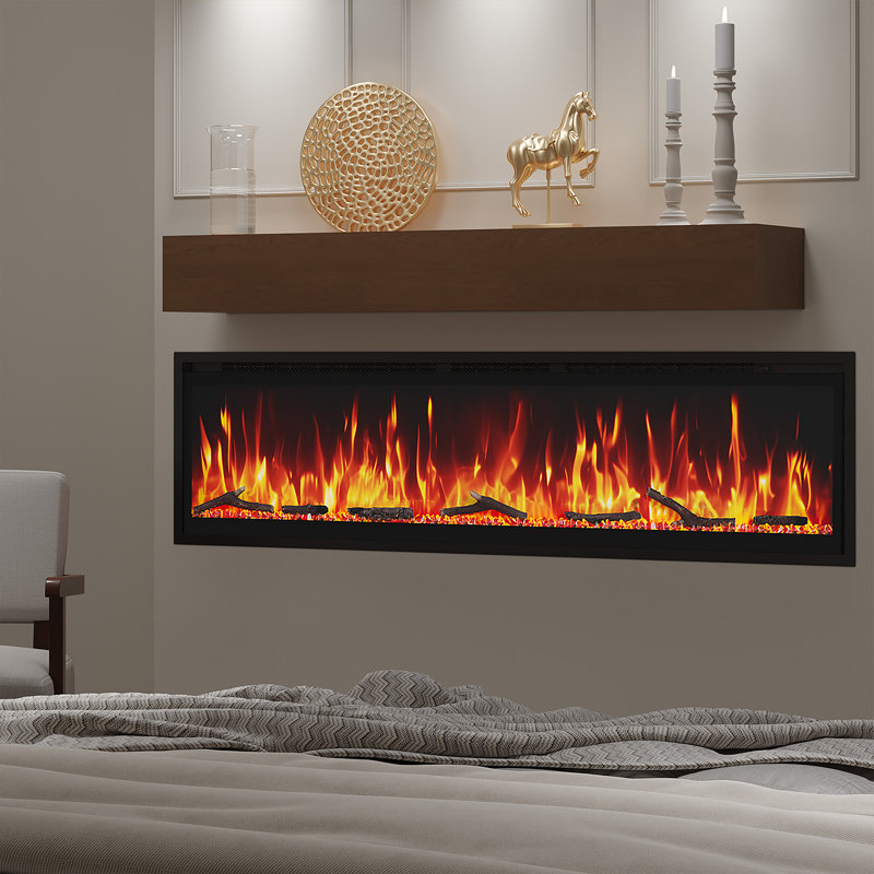 72"Recessed or Wall Mounted Electric Fireplace, Home Compatible, Logs & Crystals, Remote Control, 72" W x 5.8" D
