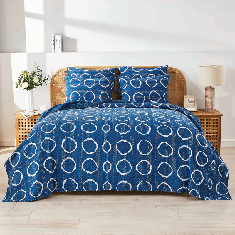 Handstitch Circle Kantha Sham, Queen Coverlet/Bedspread + 2 Pillow Shams