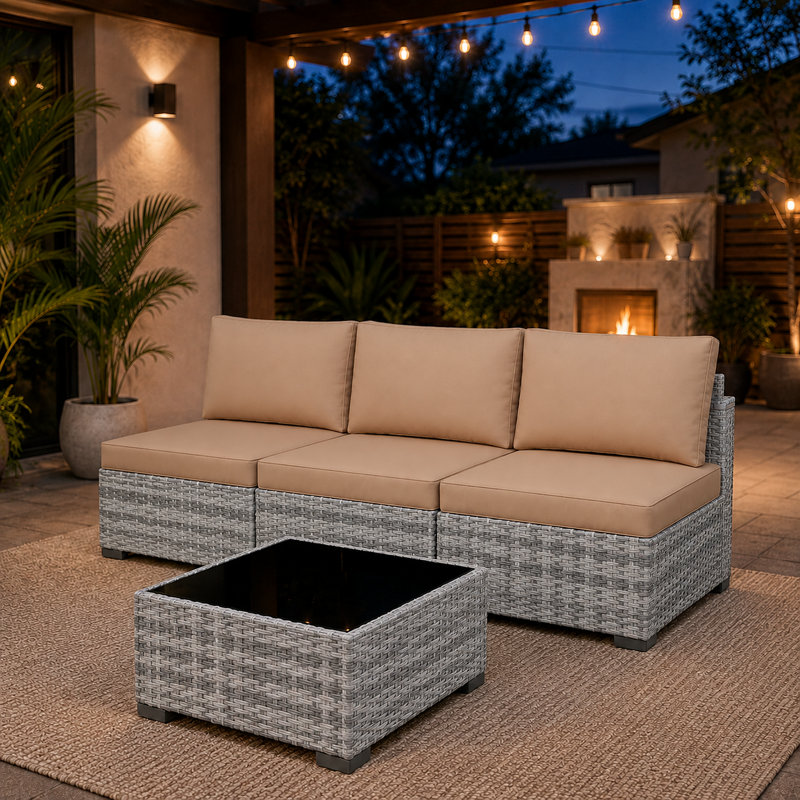 Ensemble de patio en rotin 4 pièces avec coussins, Gris / Kaki, 4 pièces