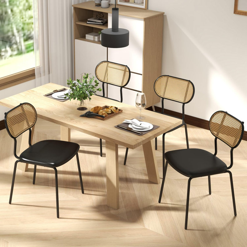 Black Faux Leather and Rattan Dining Chairs Set of 4
