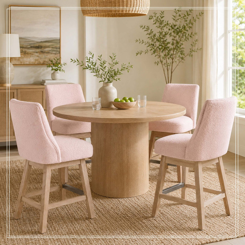 Ensemble de 2 tabourets de bar pivotants à 360 ° à hauteur de comptoir de 26 po avec dossier, tabourets de bar style Mid-Century rembourrés avec pieds en bois massif pour îlot de cuisine, rose
