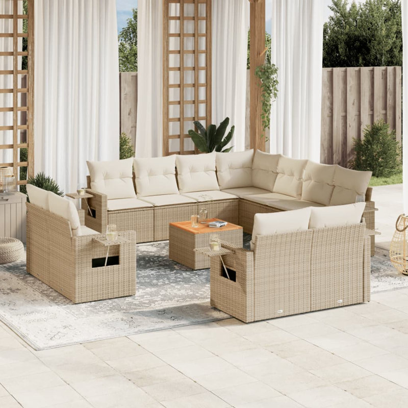  Ensemble de canapé de jardin modulaire en PE rotin beige, Coussin blanc crème / structure beige