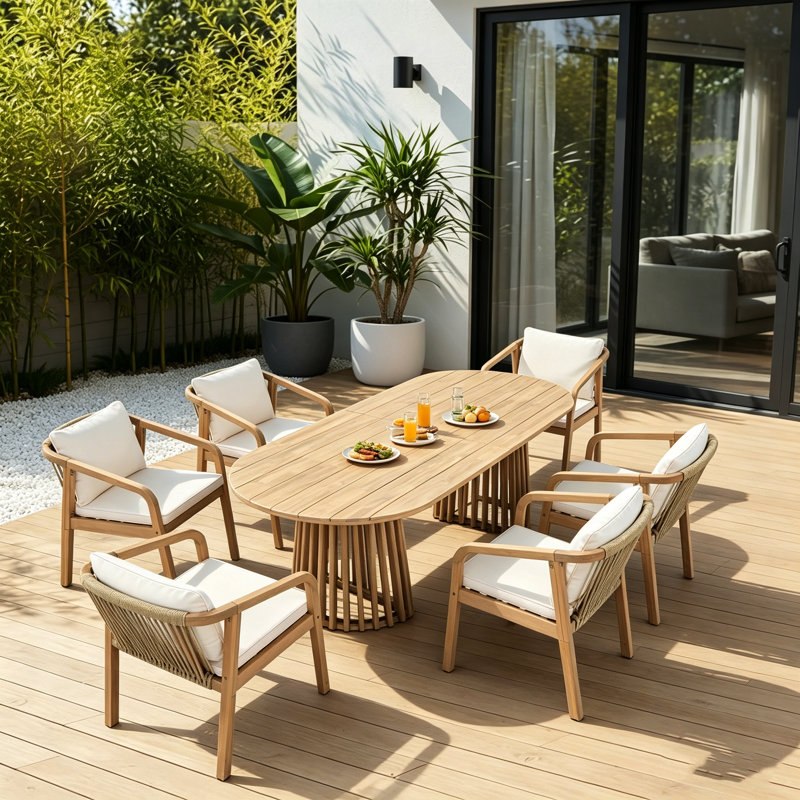 Emeli Outdoor 6-Person Acacia Wood Dining Set With Woven Rope & Cushions, 6