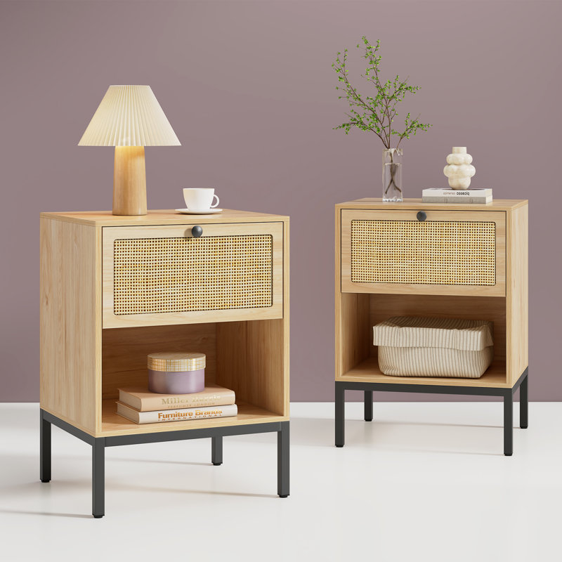 Bosonohy Boho Natural Rattan 1-Drawer Nightstand, Black